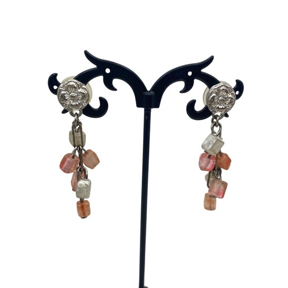 Pink Silver Tone Necklace Earring Set Leaf Accents 46" Paperclip Chain 2" Dangle - Picture 5 of 7